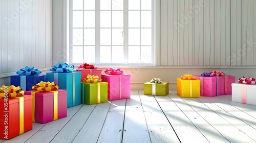 Colorful gifts fill a white room photo