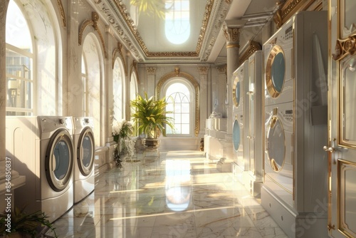 A laundry room with multiple windows  featuring a collection of washing machines