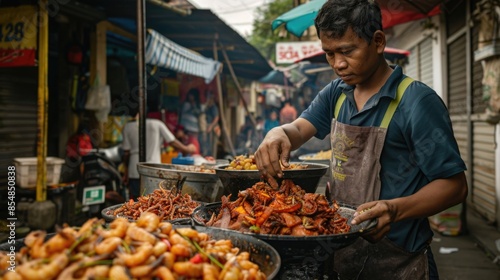 A person prepares food at an outdoor market scene © Fotograf