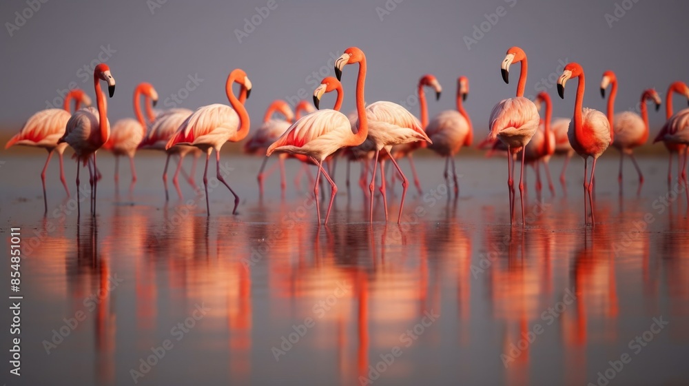 Obraz premium Group of flamingos standing in shallow water at sunset, their pink feathers reflecting in the calm water, with a blurred natural background, photo, horizontal, copy space