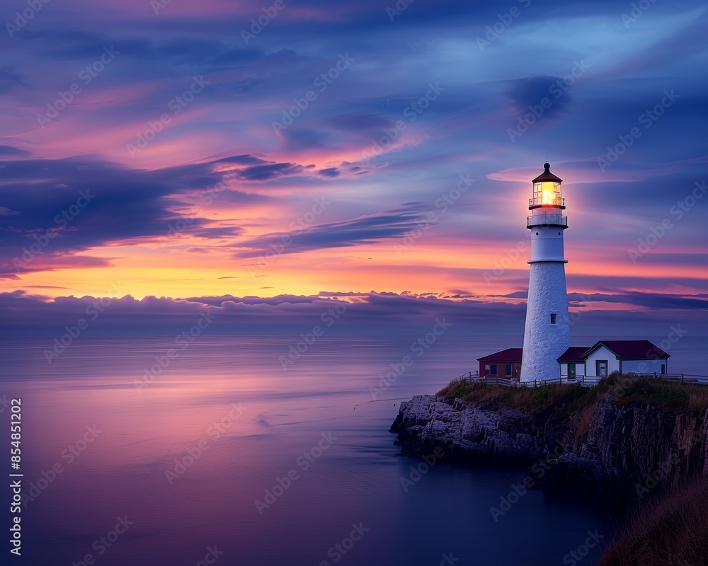 Serene lighthouse scene at sunset, with vivid sky colors reflecting off the calm ocean water. Tranquil and picturesque coastal landscape. Serene lighthouse scene at sunset, with vivid sky colors reflecting off the calm ocean water. Tranquil and picturesque coastal landscape.