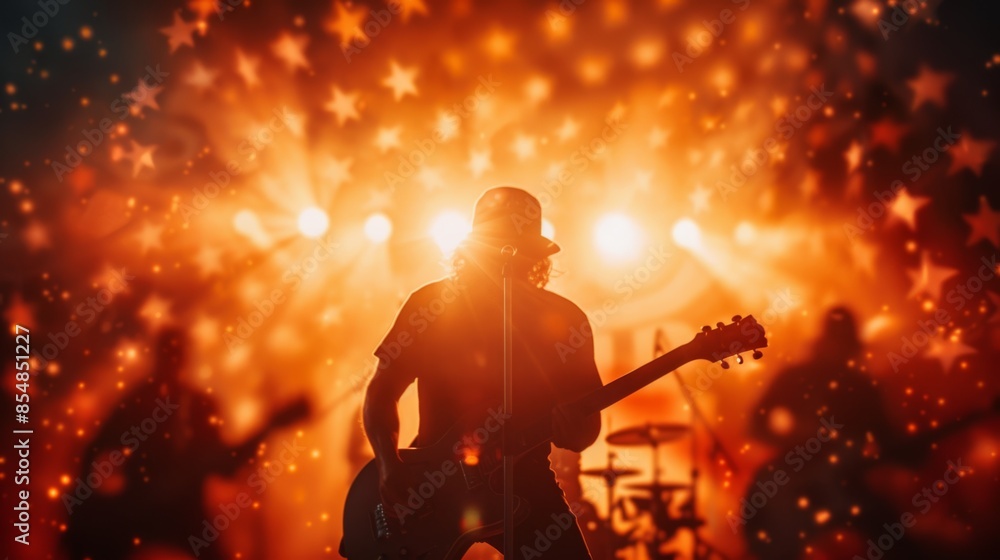 Fototapeta premium Silhouetted band performing on stage with vibrant, starry light effects, creating an electrifying concert atmosphere.