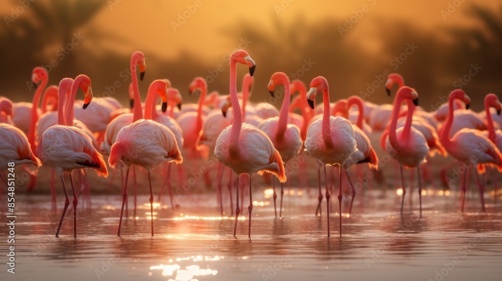 Fototapeta premium Group of flamingos standing in shallow water at sunset, their pink feathers reflecting in the calm water, with a blurred natural background, photo, horizontal, copy space