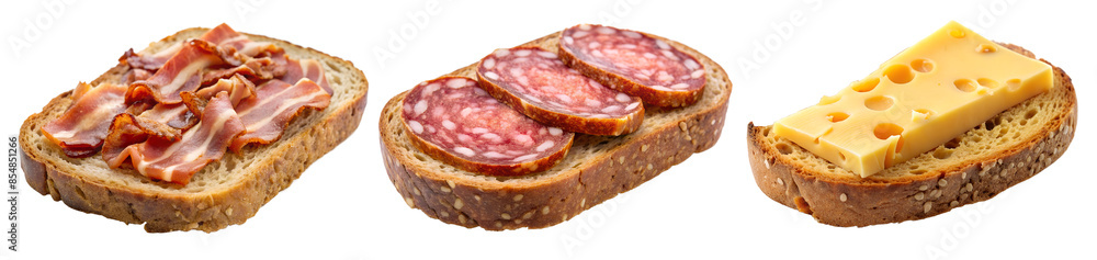 Beef jerky, cheese and bacon sandwich isolated on a white background. Tasty food concept. Beef jerky, cheese and bacon sandwich isolated on a white background. Tasty food concept.