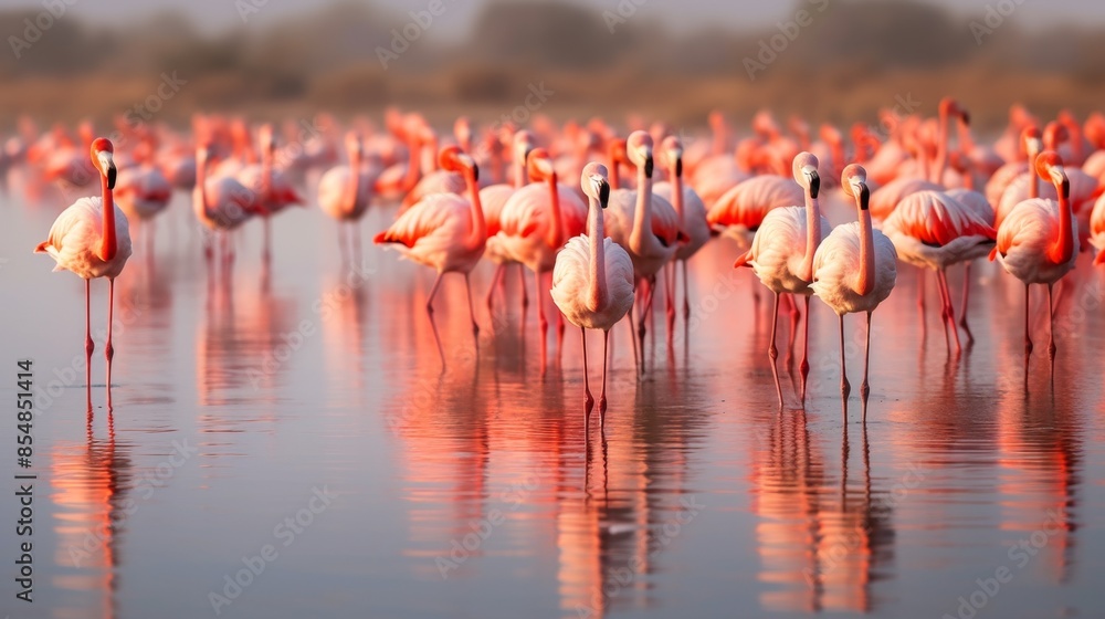 Naklejka premium Group of flamingos standing in shallow water at sunset, their pink feathers reflecting in the calm water, with a blurred natural background, photo, horizontal, copy space
