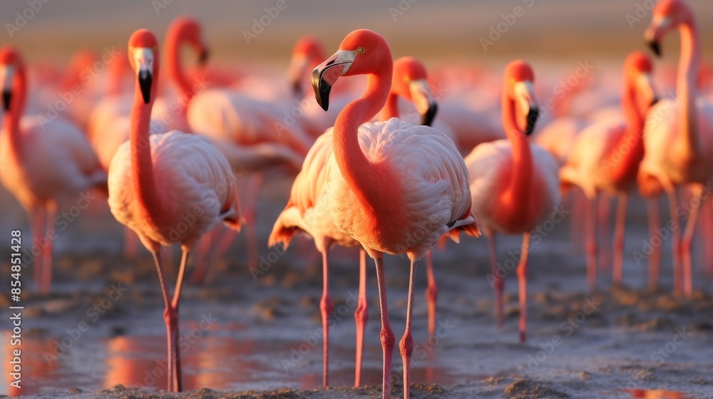 Group of flamingos standing in shallow water at sunset, their pink feathers reflecting in the calm water, with a blurred natural background, photo, horizontal, copy space Group of flamingos standing in shallow water at sunset, their pink feathers reflecting in the calm water, with a blurred natural background, photo, horizontal, copy space