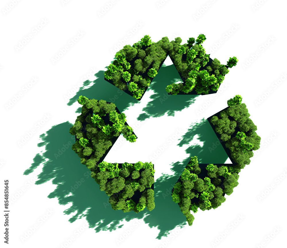 3D illustration of a green forest in the shape of a recycling symbol 3D illustration of a green forest in the shape of a recycling symbol