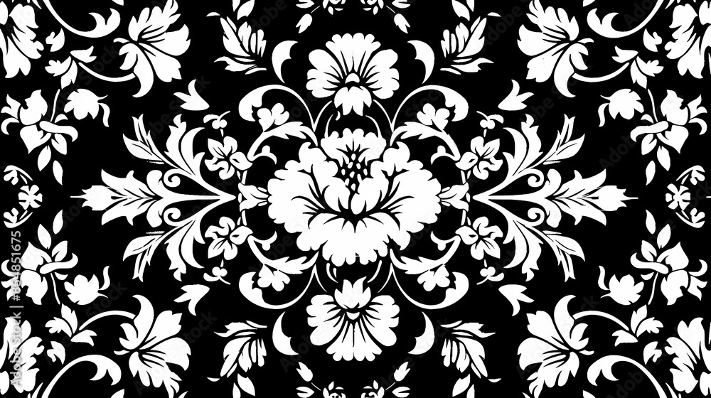 Fototapeta premium A seamless pattern of intricate white flowers on a black background