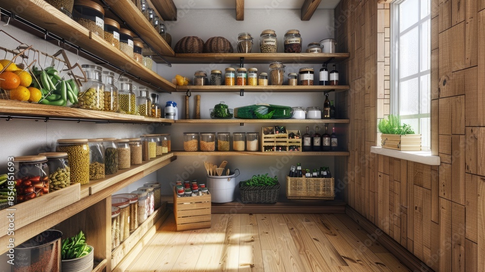 Cozy kitchen with plenty of storage space on wooden shelves Cozy kitchen with plenty of storage space on wooden shelves