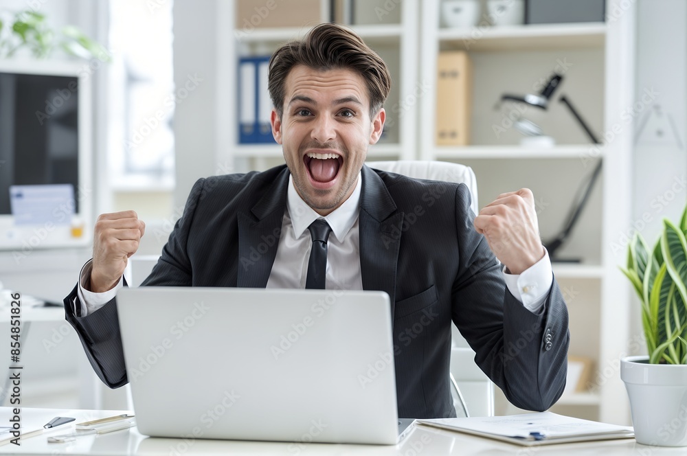 Young man happy and excited working with laptop, achieving success in business. Male celebrates victory by holding fists with her hands. Win and achievement in work, career Young man happy and excited working with laptop, achieving success in business. Male celebrates victory by holding fists with her hands. Win and achievement in work, career
