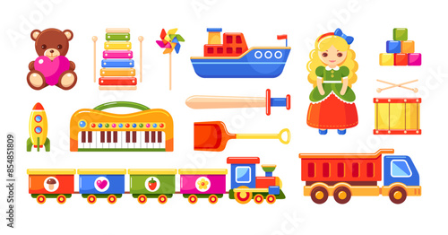 Kids toys, set with car, plush bear, doll, train, ship, drum, play blocks, rocket, toy windmill, piano, xylophone, shovel and sword isolated on white background, vector flat cartoon illustration