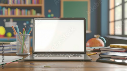 Wallpaper Mural Mockup image of a laptop with a blank transparent screen on a desk in a cozy school classroom with notebooks and textbooks as educational props for websites. Torontodigital.ca