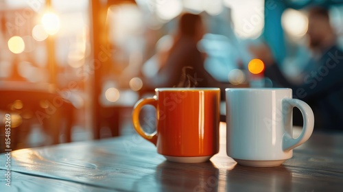 Coffee and a Good Conversation, Two coffee mugs placed next to each other on a table with a blurred background of two people talking Casual attire like a blazer or a blouse