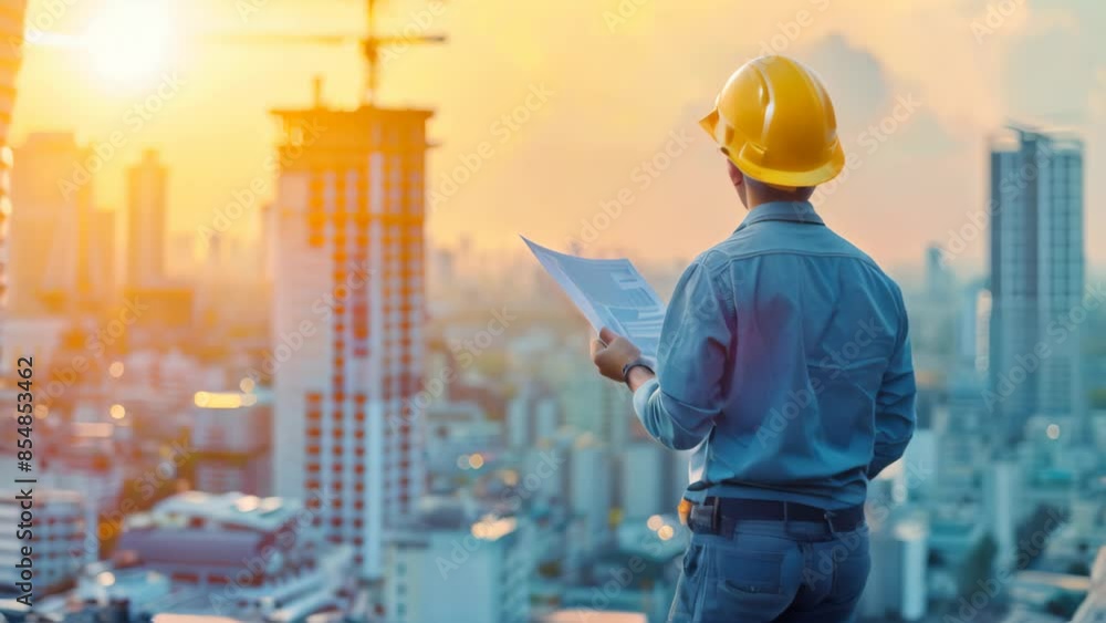 Engineer workers standing on a construction site and watching the sunset with building silhouettes in the background. Engineer workers standing on a construction site and watching the sunset with building silhouettes in the background.