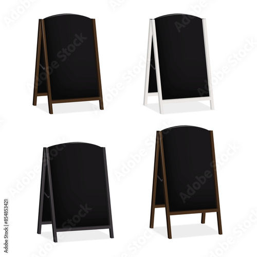 Sandwich black board, floor chalkboard easel banner. Vector mock-up set. Blank A-frame advertising display. Mockup. Double sided outdoor sidewalk sign. Template for design