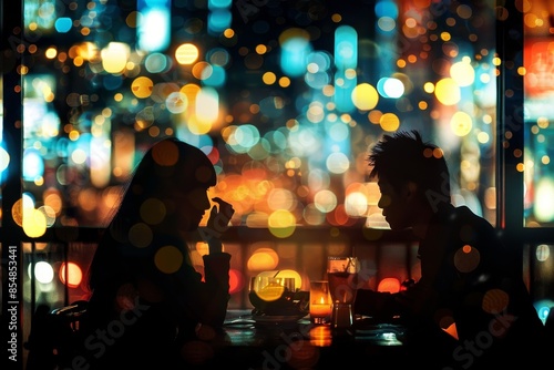 Intimate rooftop dinner couple in love, enjoying candlelit ambiance with stunning cityscape views
