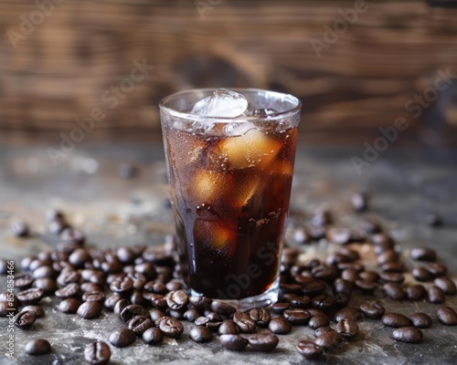A glass of iced coffee on a table surrounded by coffee beans.
