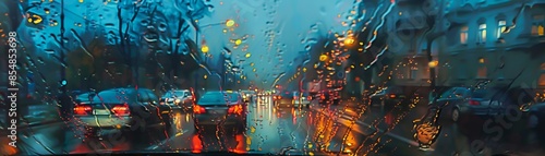 A car windshield view driving through a city at night, with colorful neon signs and headlights reflecting off wet streets