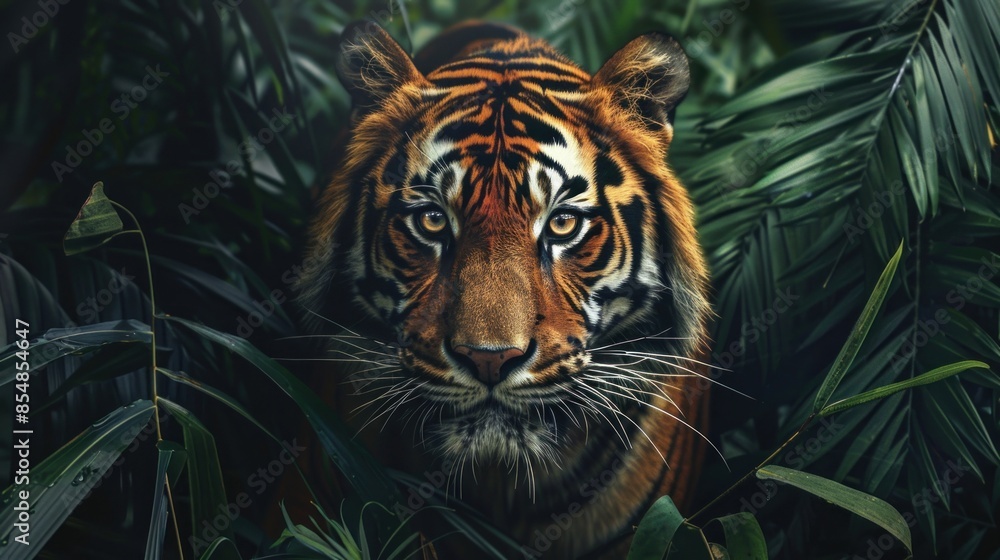 A tiger is staring at the camera in the jungle. A tiger is staring at the camera in the jungle.