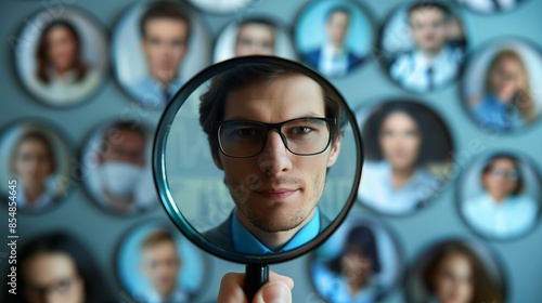 magnifying glass focused on one employee profile surrounded by other pictures, hiring concept