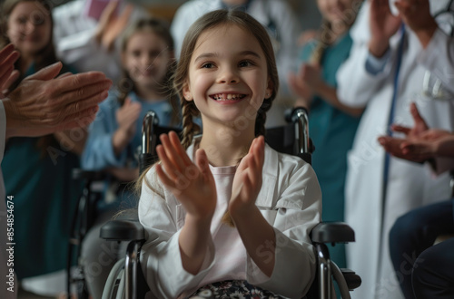 A young girl in blue scrubs, sitting in her wheelchair being celebrated in the style of medical staff clapping and smiling at the hospital with doctors standing behind them.