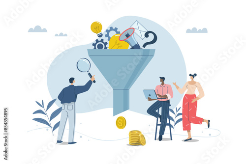 Collecting and filtering business ideas for return or profit, Business development ideas and corporate creativity, Business team people uses sales funnel filter of potential customers. Vector design.