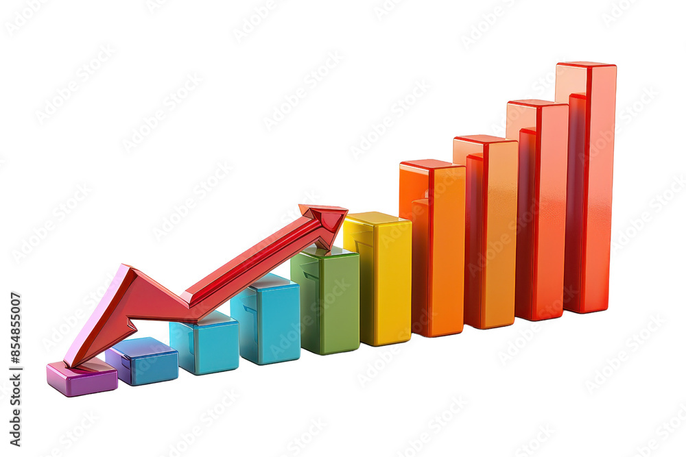 Colorful 3D bar chart with a downward arrow representing business decline, financial loss or negative trend on a transparent background. Colorful 3D bar chart with a downward arrow representing business decline, financial loss or negative trend on a transparent background.