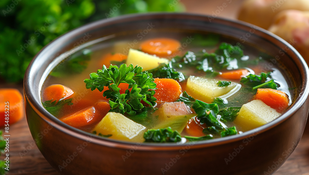 hearty bowl of homemade vegetable soup with chunks of carrots, celery, potatoes, and kale, garnished with fresh parsley. hearty bowl of homemade vegetable soup with chunks of carrots, celery, potatoes, and kale, garnished with fresh parsley.