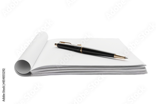 Blank notepad with black pen, perfect for writing notes, sketches, or plans. Ideal for office, school, or personal use.