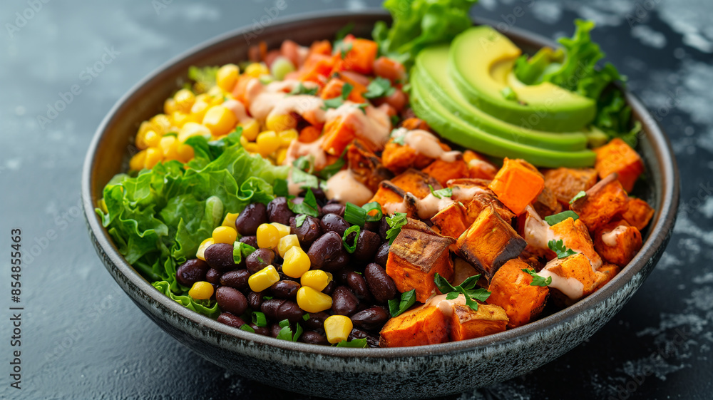 Buddha bowl with roasted sweet potatoes, black beans, corn, avocado slices, and a drizzle of chipotle tahini dressing Buddha bowl with roasted sweet potatoes, black beans, corn, avocado slices, and a drizzle of chipotle tahini dressing