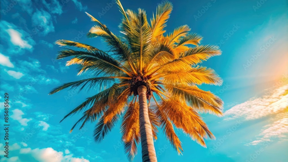 Palm tree against a clear blue sky, bottom view, tropical paradise. Palm tree against a clear blue sky, bottom view, tropical paradise.