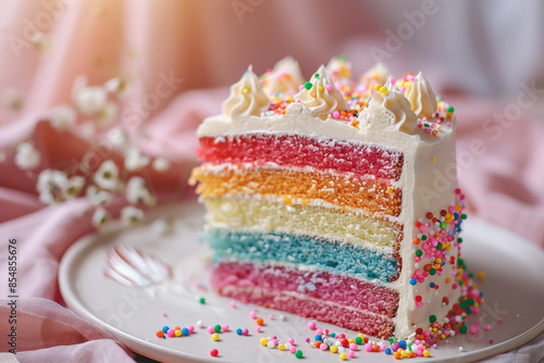 "Colorful Rainbow Cake Slice with Cream Frosting 