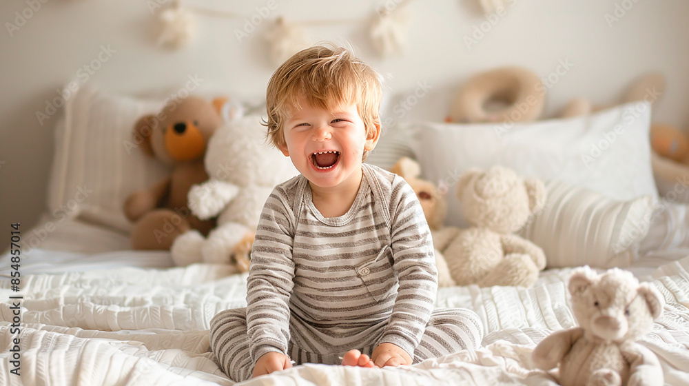 Fototapeta premium A toddler sitting on a bed with stuffed animals, smiling happily. The room is cozy and filled with toys