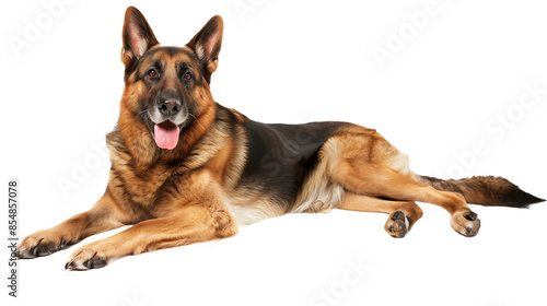 Full body shot of German Shepherd dog, lying down, smiling.
