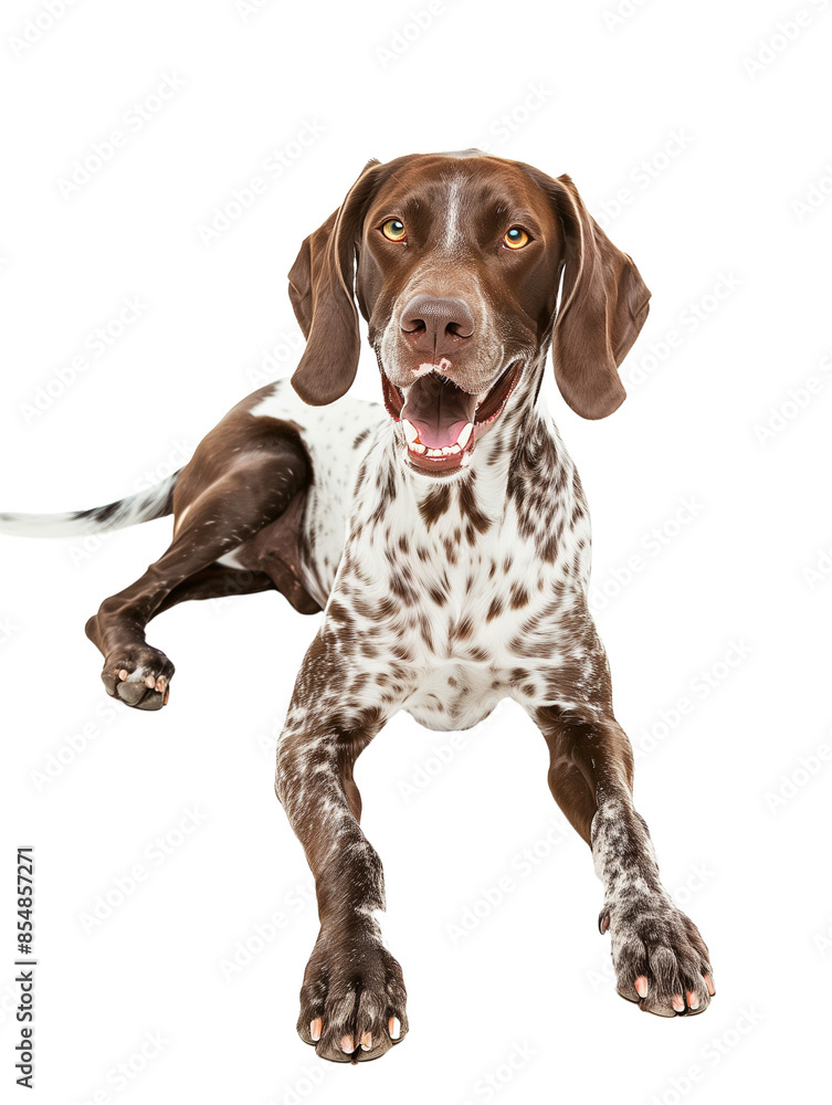 Full body shot of German Shorthaired Pointer dog, lying down, smiling. Full body shot of German Shorthaired Pointer dog, lying down, smiling.