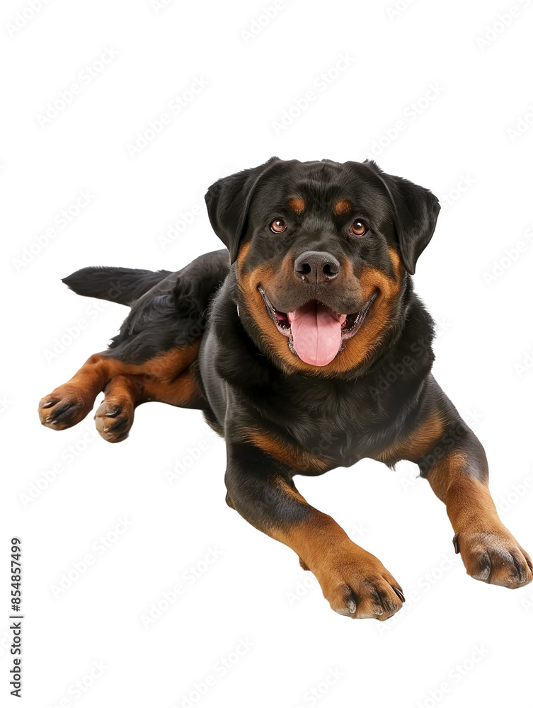 Full body shot of Rottweiler dog, lying down, smiling. Full body shot of Rottweiler dog, lying down, smiling.