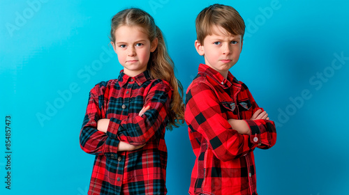 Two children with arms crossed in plaid shirts, concept of sibling rivalry and attitude with copy space.