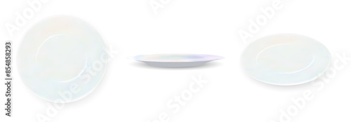 Plate. Set isolated white porcelain plates vector mockup in a realistic style on transparent background dining set of round dishes in different angles. Vector