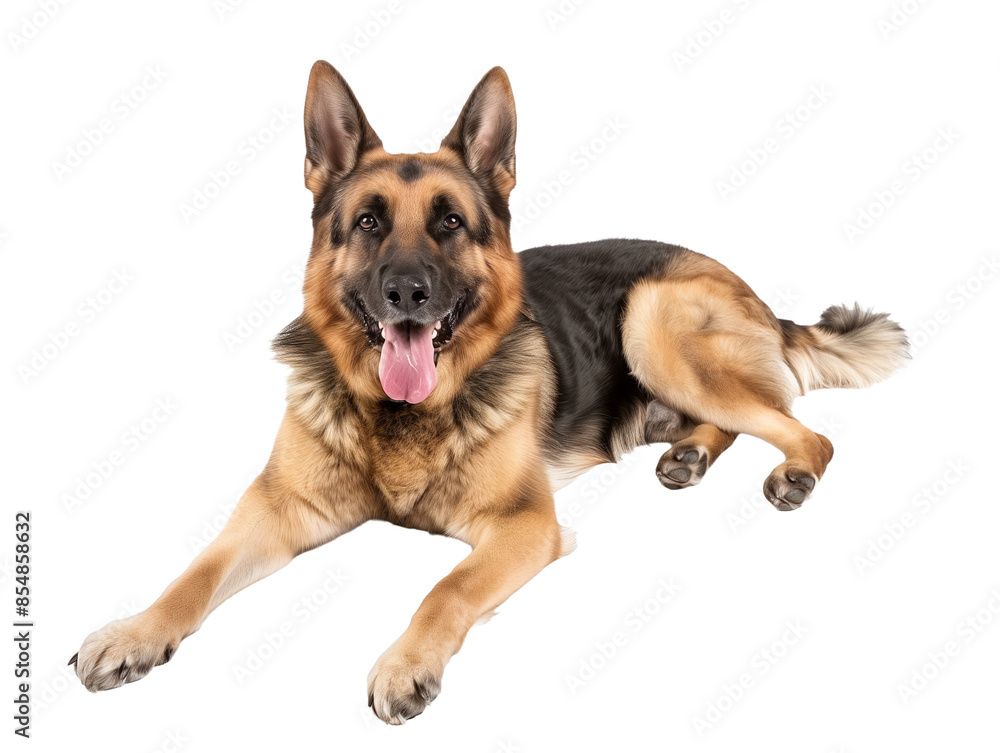 Full body shot of German Shepherd dog, lying down, smiling. Full body shot of German Shepherd dog, lying down, smiling.