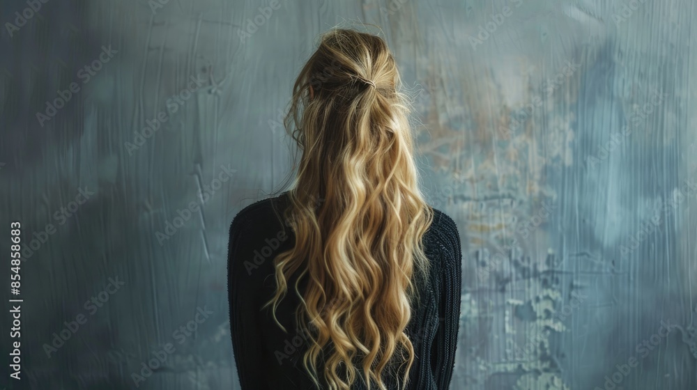 Obraz premium Young woman with long blonde hair in black sweater from the back High quality image