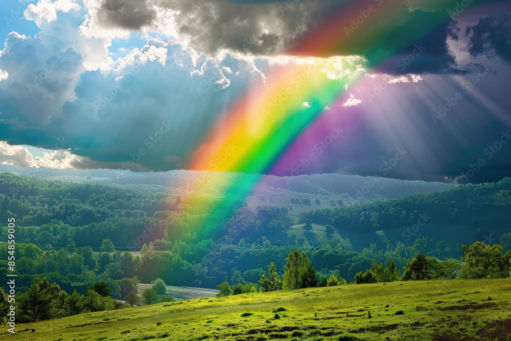 Obraz premium Rainbow Over Valley in Afternoon Sunlight