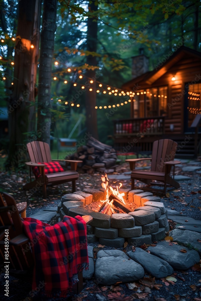 Fototapeta premium Cozy Fire Pit Area with Adirondack Chairs and String Lights by a Cabin in the Forest at Dusk 