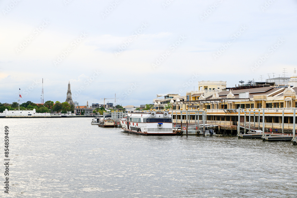pier on the bank of Chao Phraya River. Waiting For Service Boat Travel and transport Along Chao Phraya River. pier on the bank of Chao Phraya River. Waiting For Service Boat Travel and transport Along Chao Phraya River.