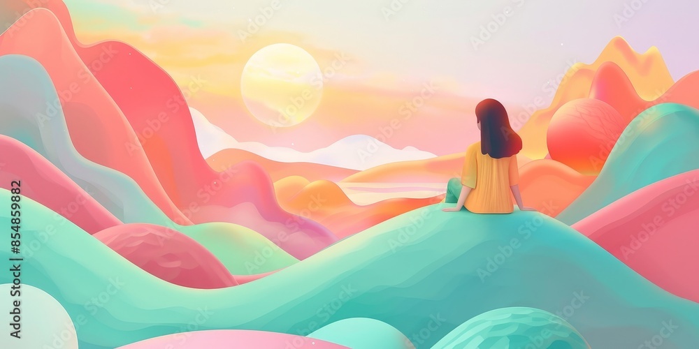 The image is a beautiful landscape with a woman sitting on a hill and watching the sunset. The colors are vibrant and the atmosphere is peaceful. The image is a beautiful landscape with a woman sitting on a hill and watching the sunset. The colors are vibrant and the atmosphere is peaceful.
