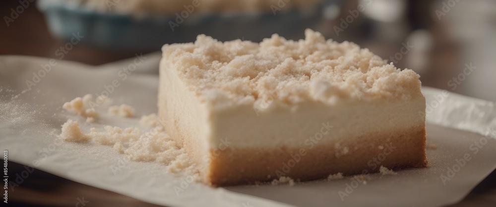 A delicious, large square cake covered in sugar sitting on top of a paper bag or parchment paper with crumbs around it, homemade and ready for serving as dessert at an event or gathering. A delicious, large square cake covered in sugar sitting on top of a paper bag or parchment paper with crumbs around it, homemade and ready for serving as dessert at an event or gathering.