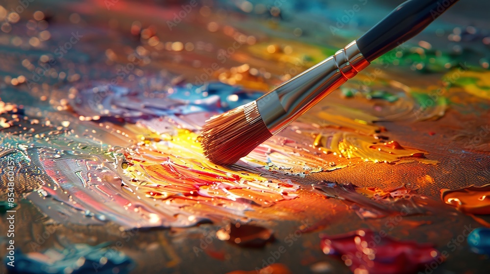 Close-Up of Brush Mixing Vibrant Colors on Canvas in Artistic Painting Close-Up of Brush Mixing Vibrant Colors on Canvas in Artistic Painting