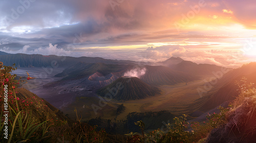 View from above, stunning panoramic view of the Mount Batok, Mount Bromo and the Mount Semeru in the distance illuminated at sunrise. Mount Bromo is an active volcano in East Java, Indonesia. photo