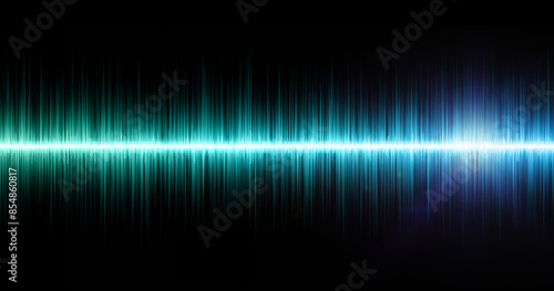 Blue digital sound waves pattern on black background. Sound, energy, music concept. Abstract background.
