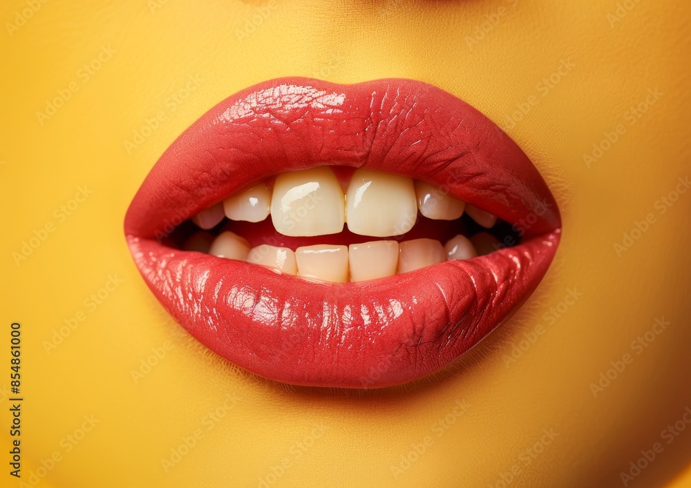 Obraz premium Pink lips with white teeth against a yellow background