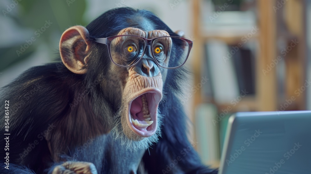 A monkey wearing glasses and a mouth open wide A monkey wearing glasses and a mouth open wide